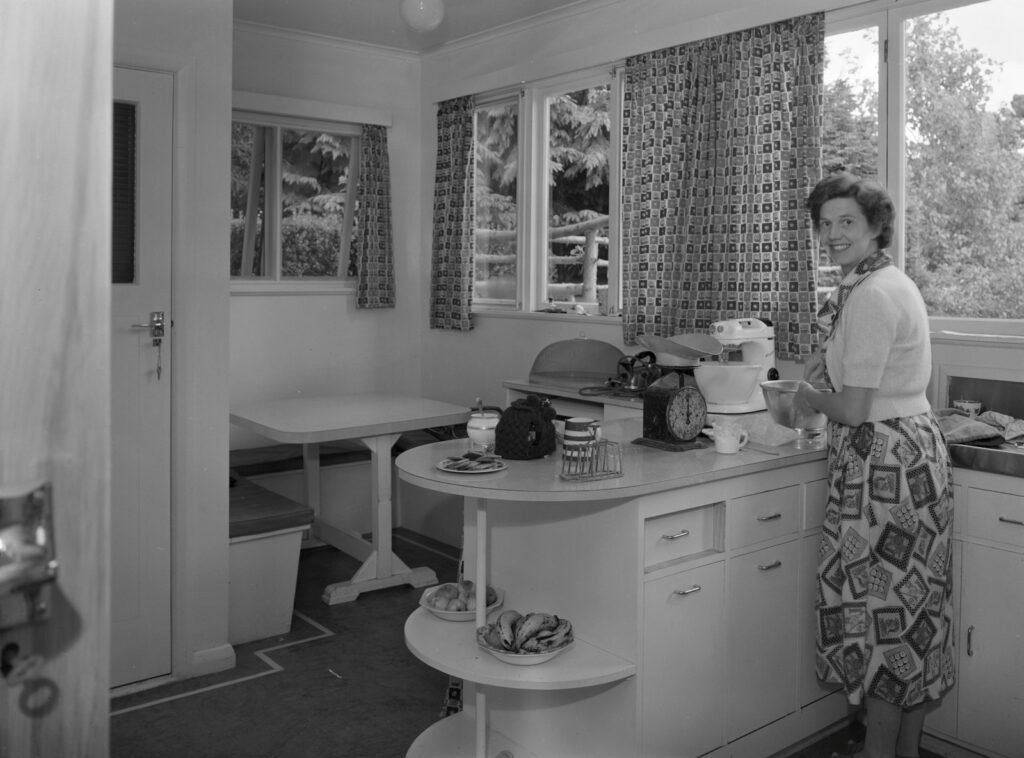 Retro pastel kitchen with vintage appliances